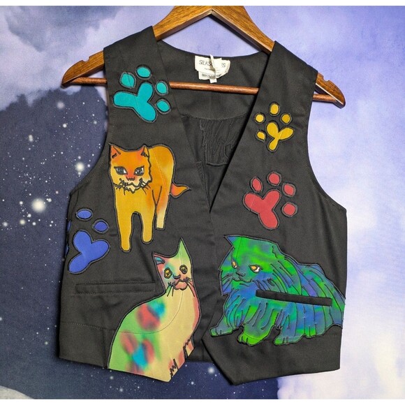 Vintage Silkscapes Cat Vest Black Silk Appliqué Whimsical Art to Wear Size S - Picture 10 of 10